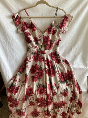 Off-Shoulder Floral Midi Dress in Cream and Red